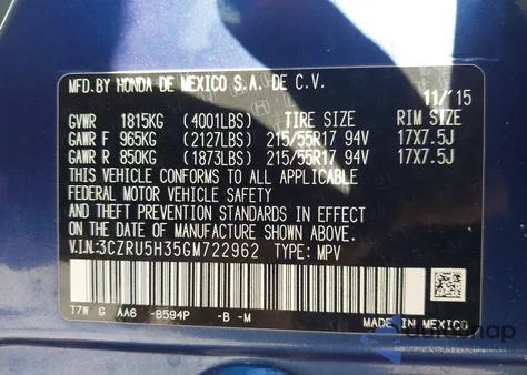 2016 Honda Hr-V Lx from USA, damaged, VIN 3CZRU5H35GM722962